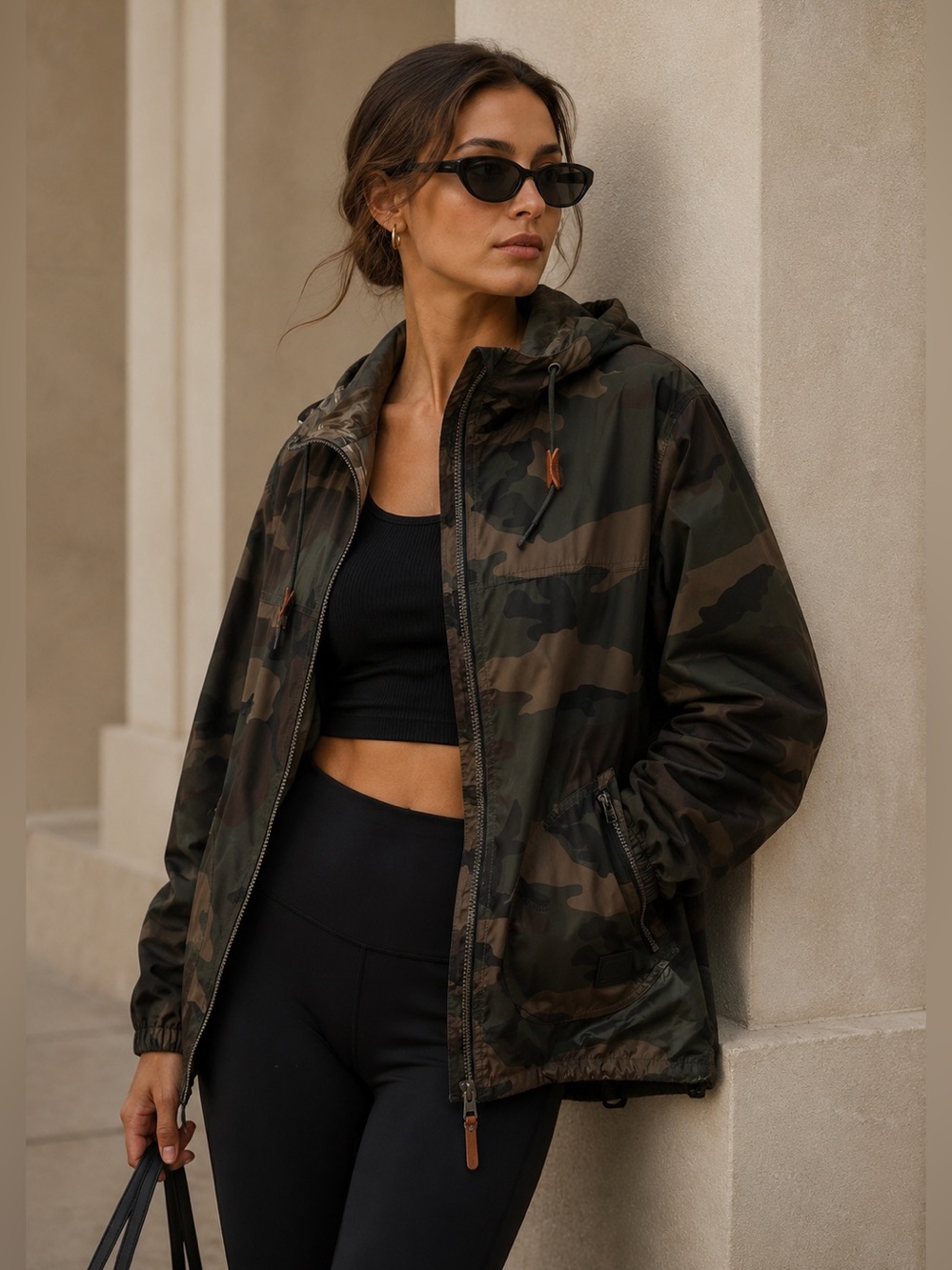 Coach Camo Hooded Windbreaker Jacket | Leather Trim Jacket | Utility | Large